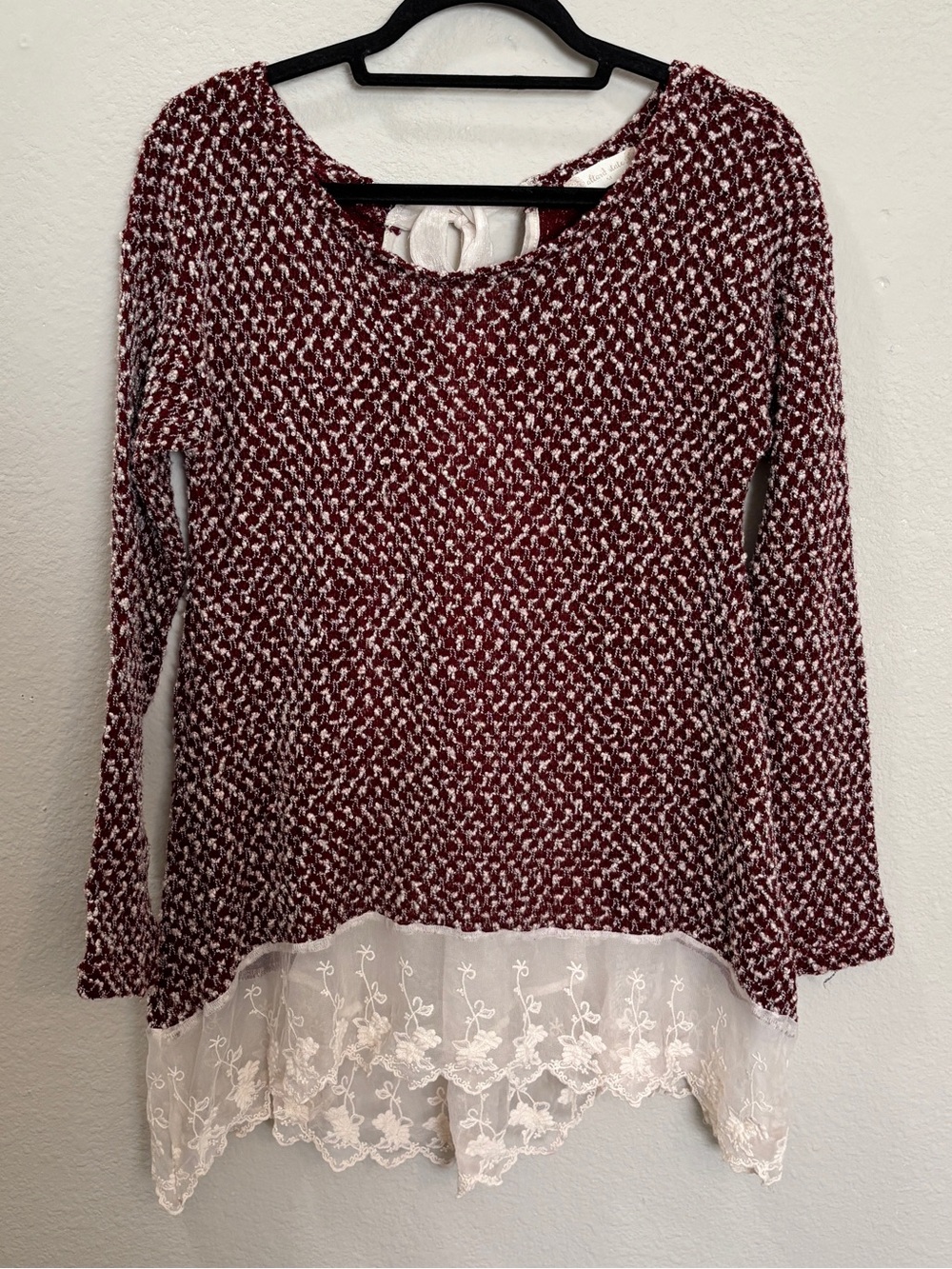 Altar’d State Boho Knit Lace Back Burgundy Cream Sweater Size Medium
